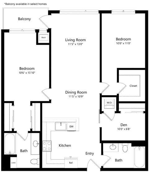 Floor plan for 2 beds, 2 baths, 1191 sqft
