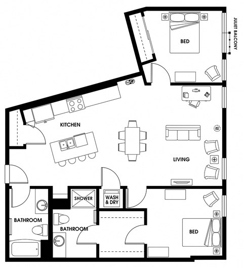 Floor plan for 2 beds, 2 baths, 1145 sqft