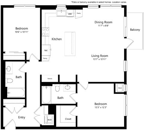 Floor plan for 2 beds, 2 baths, 1204 sqft