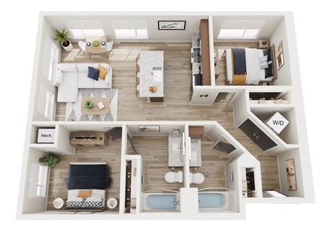 Floor plan for 2 beds, 2 baths, 1042 sqft