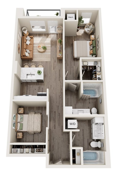 Floor plan for 2 beds, 2 baths, 965 sqft