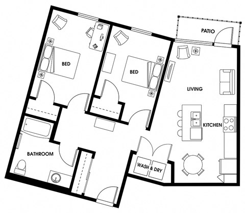Floor plan for 2 beds, 1 bath, 971 sqft