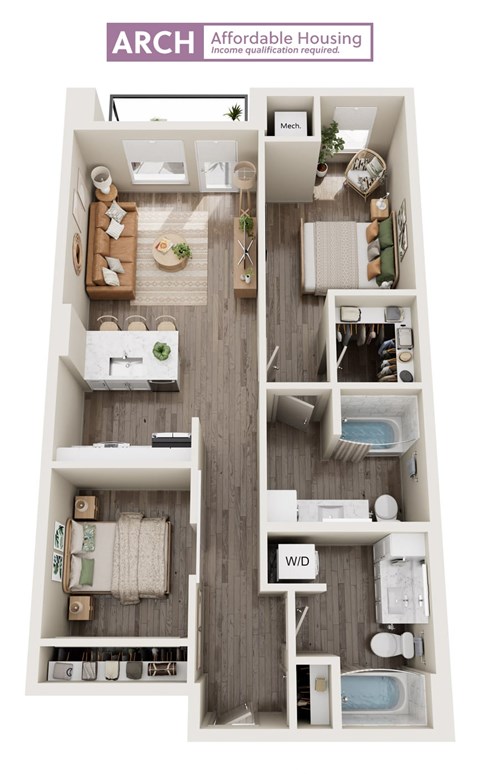 Floor plan for 2 beds, 2 baths, 973 sqft