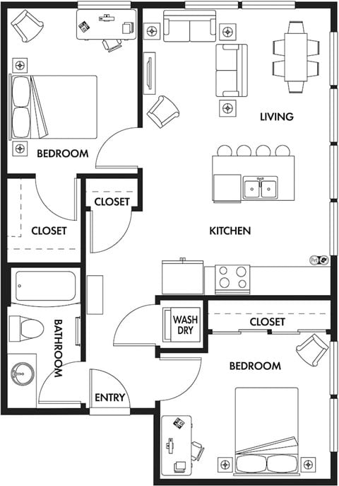 Floor plan for 2 beds, 1 bath, 834 sqft