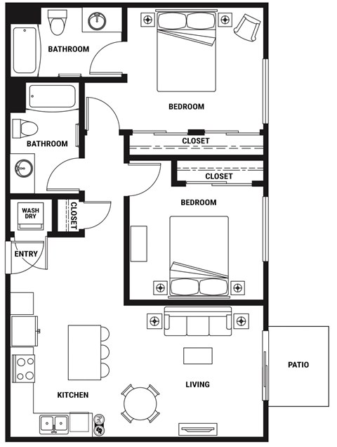 Floor plan for 2 beds, 2 baths, 985 sqft
