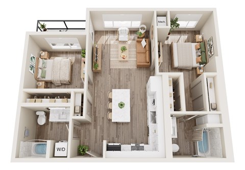 Floor plan for 2 beds, 2 baths, 985 sqft
