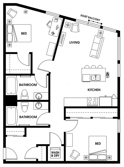 Floor plan for 2 beds, 2 baths, 1067 sqft