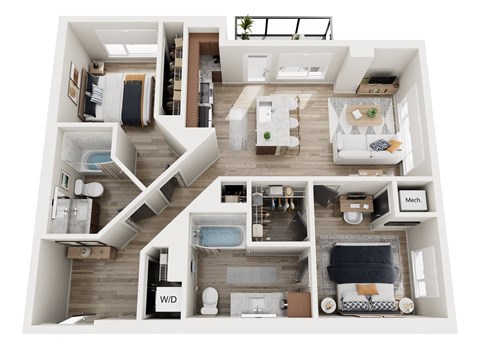 Floor plan for 2 beds, 2 baths, 1005 sqft