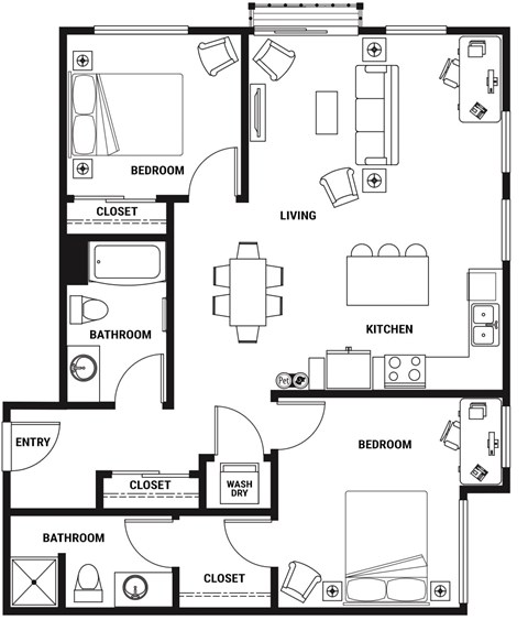 Floor plan for 2 beds, 2 baths, 1086 sqft