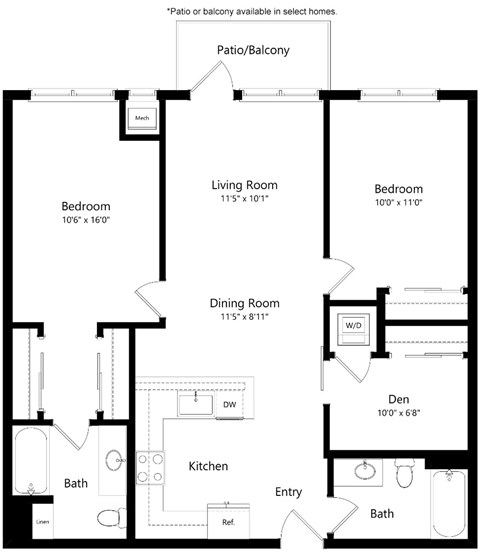 Floor plan for 2 beds, 2 baths, 1093 sqft