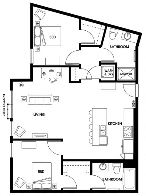 Floor plan for 2 beds, 2 baths, 1090 sqft