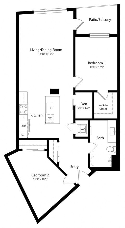 Floor plan for 2 beds, 1 bath, 1014 sqft