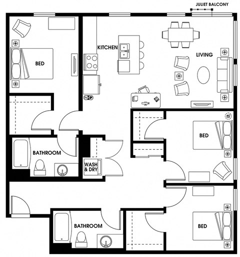 Floor plan for 3 beds, 2 baths, 1330 sqft