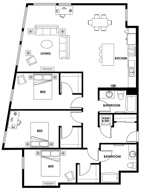Floor plan for 3 beds, 2 baths, 1672 sqft