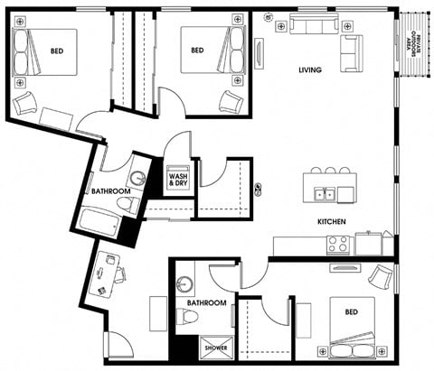 Floor plan for 3 beds, 2 baths, 1573 sqft
