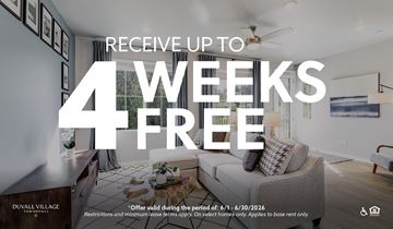 Duvall townhouse for rent - A room with a couch and a framed picture on the wall with text offering 4 weeks free.