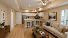 Kirkland apartment for rent - A well-lit, spacious living room with a kitchen in the background.