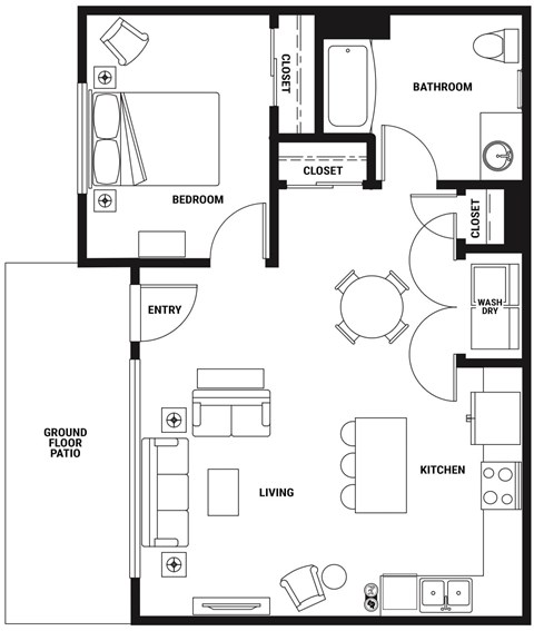 Floor plan for 1 bed, 1 bath, 732 sqft