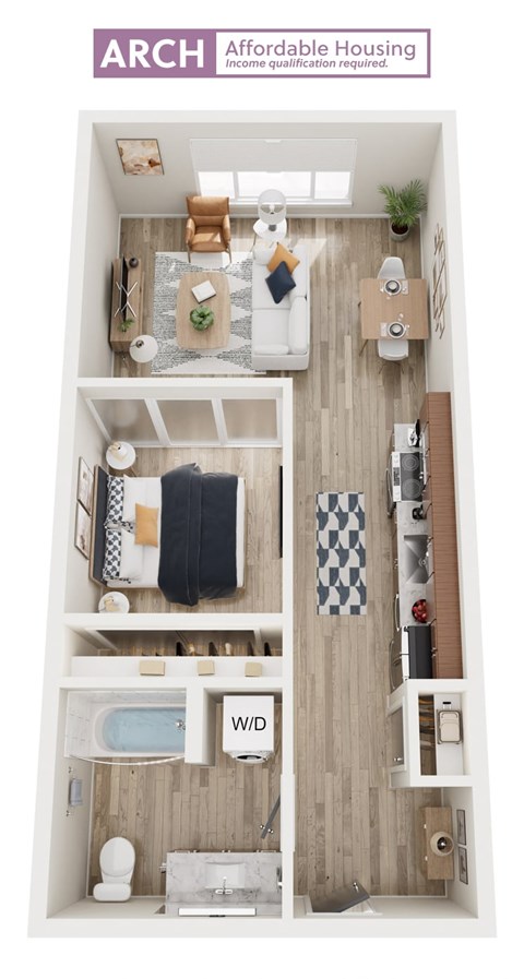 Floor plan for 1 bed, 1 bath, 617 sqft