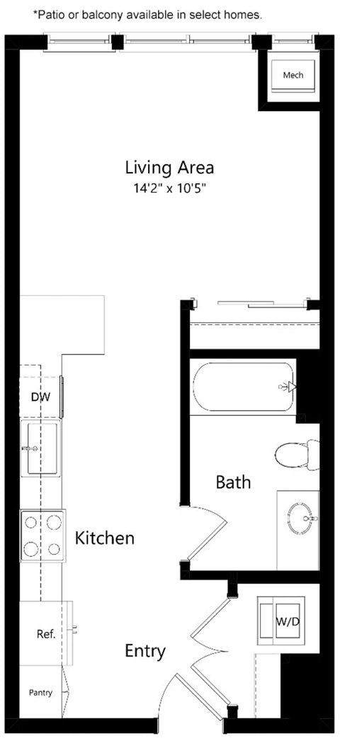 Floor plan for studio, 1 bath, 493 sqft