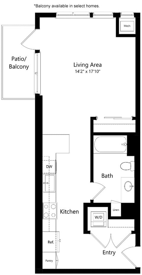 Floor plan for studio, 1 bath, 494 sqft