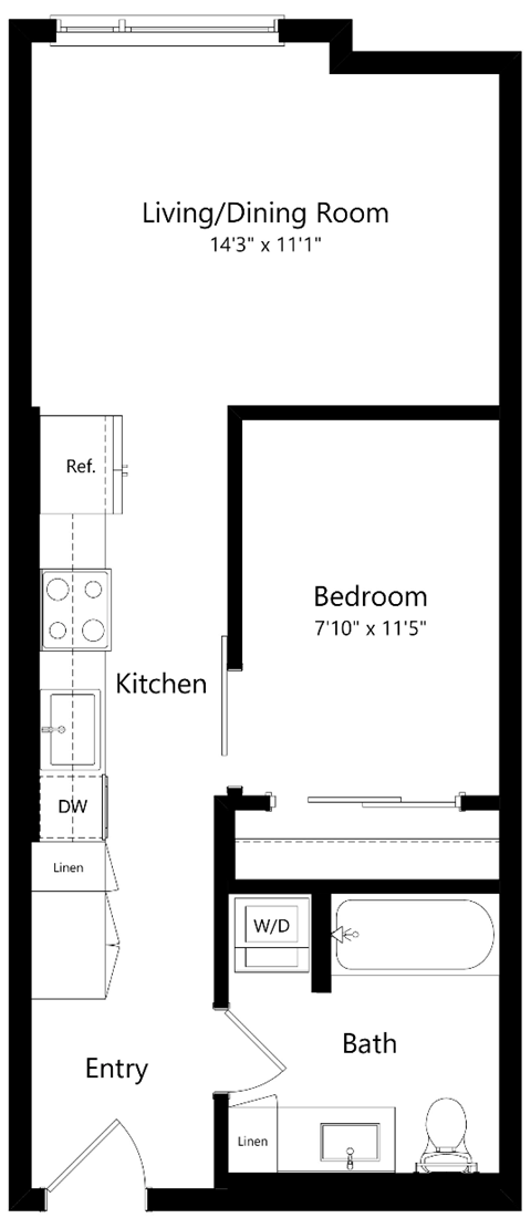 Floor plan for 1 bed, 1 bath, 542 sqft