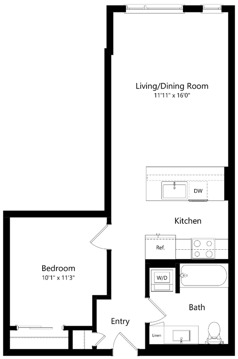Floor plan for 1 bed, 1 bath, 624 sqft