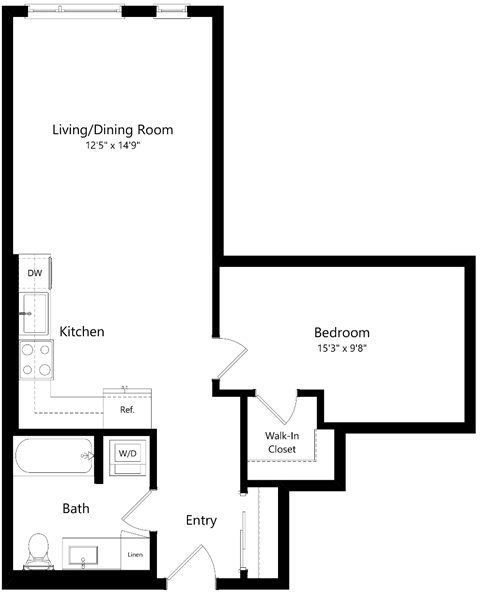 Floor plan for 1 bed, 1 bath, 658 sqft