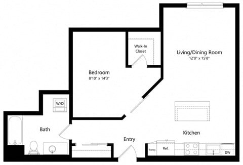 Floor plan for 1 bed, 1 bath, 776 sqft