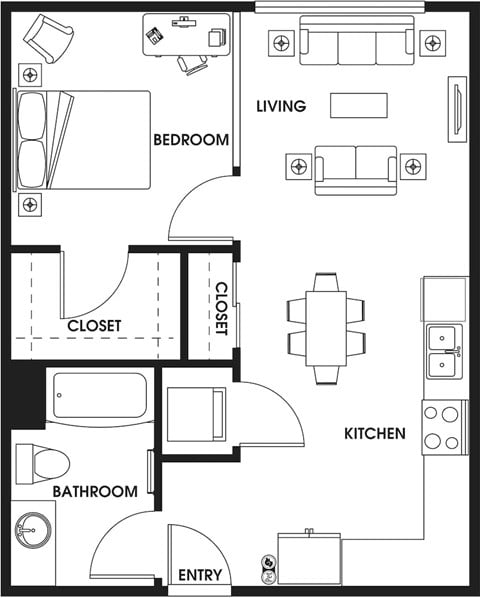 Floor plan for 1 bed, 1 bath, 626 sqft