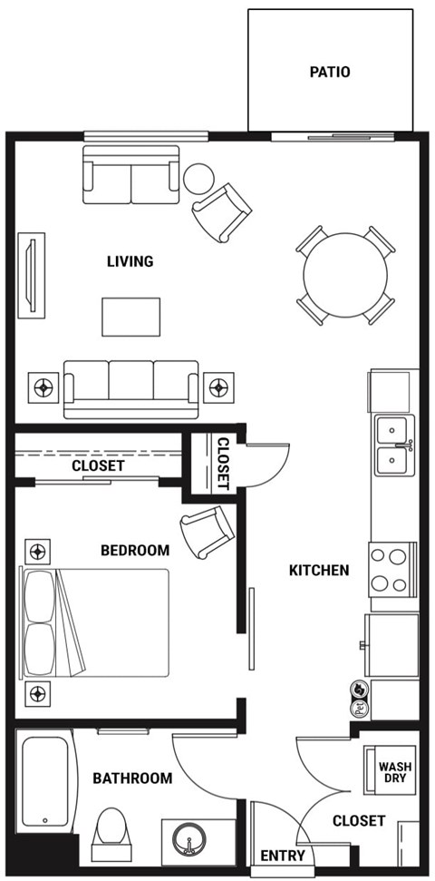 Floor plan for 1 bed, 1 bath, 703 sqft