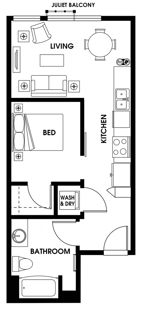 Floor plan for 1 bed, 1 bath, 553 sqft