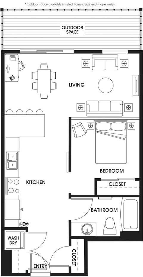 Floor plan for 1 bed, 1 bath, 659 sqft