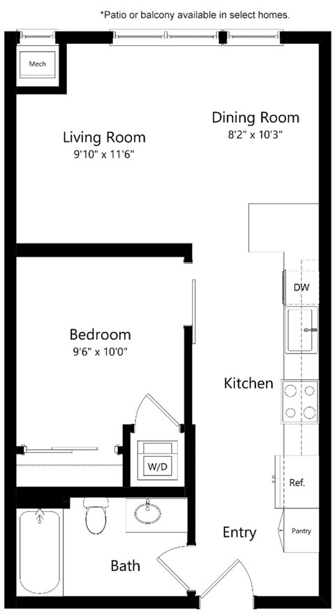 Floor plan for 1 bed, 1 bath, 590 sqft