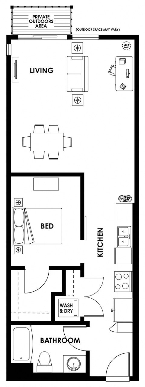 Floor plan for 1 bed, 1 bath, 735 sqft