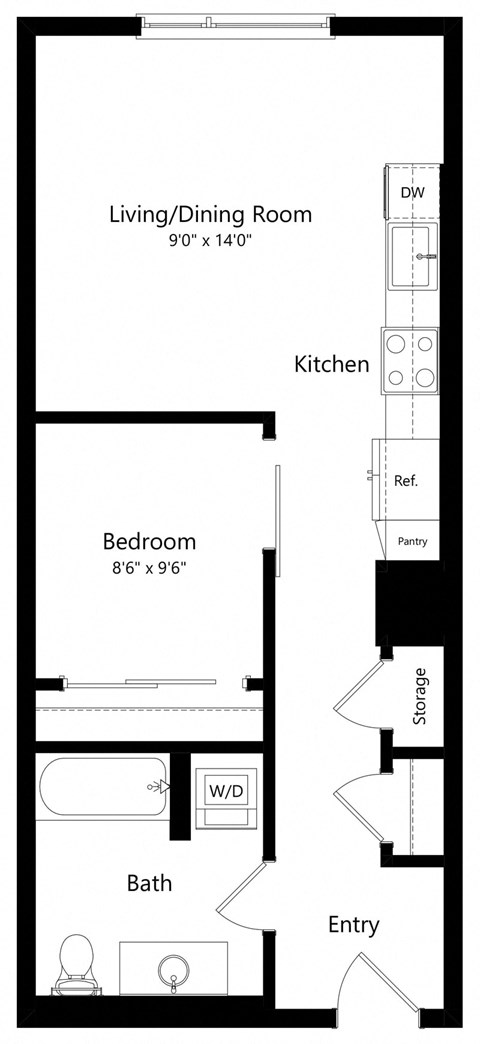 Floor plan for 1 bed, 1 bath, 595 sqft