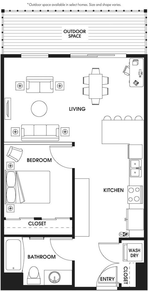 Floor plan for 1 bed, 1 bath, 707 sqft