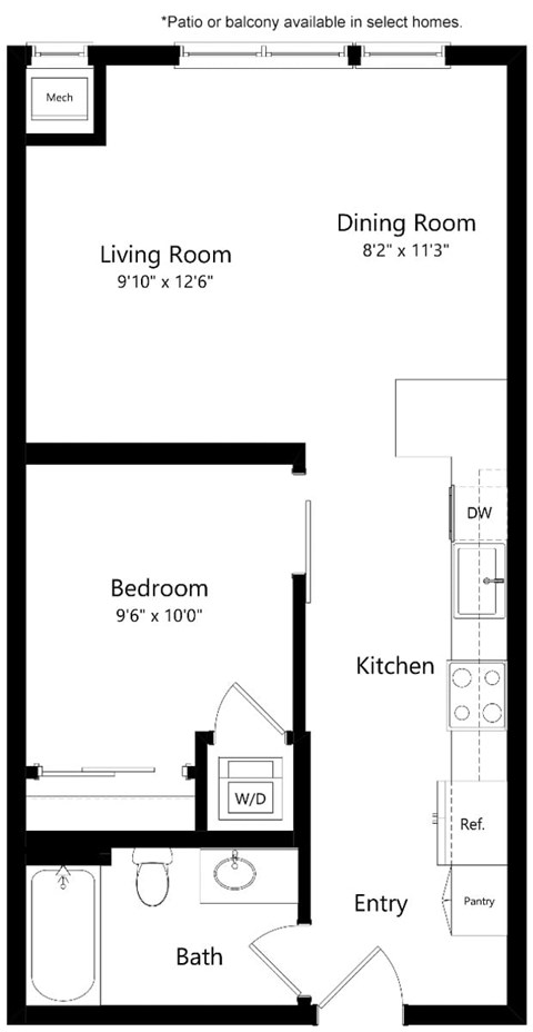 Floor plan for 1 bed, 1 bath, 625 sqft