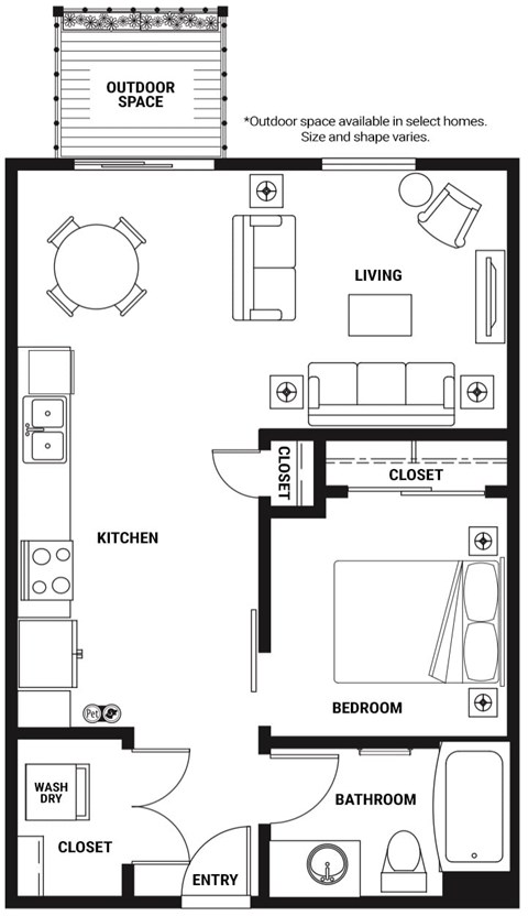 Floor plan for 1 bed, 1 bath, 704 sqft