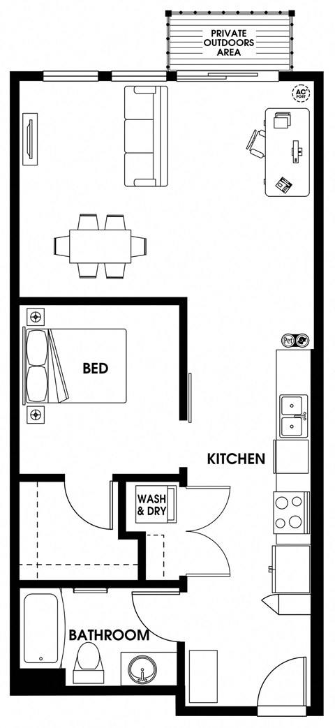Floor plan for 1 bed, 1 bath, 769 sqft