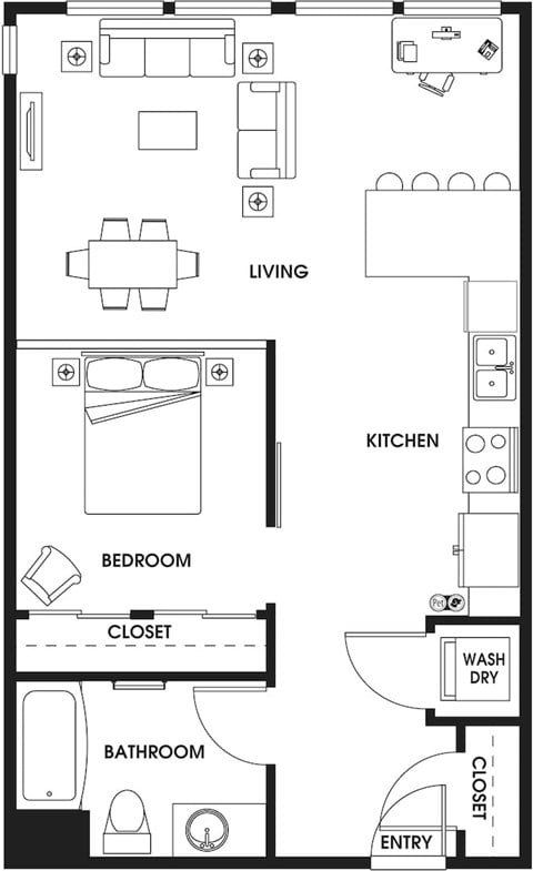 Floor plan for 1 bed, 1 bath, 750 sqft