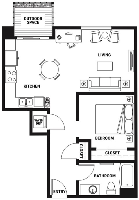 Floor plan for 1 bed, 1 bath, 745 sqft