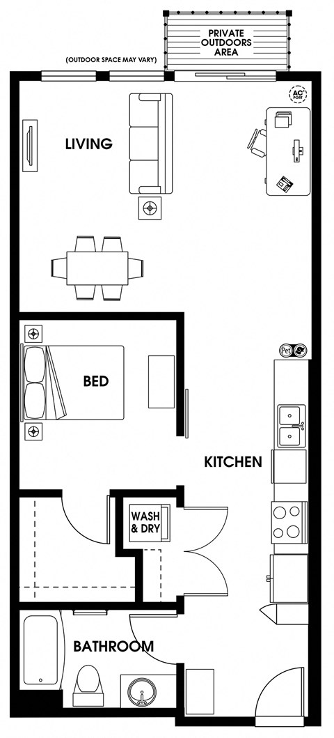 Floor plan for 1 bed, 1 bath, 784 sqft