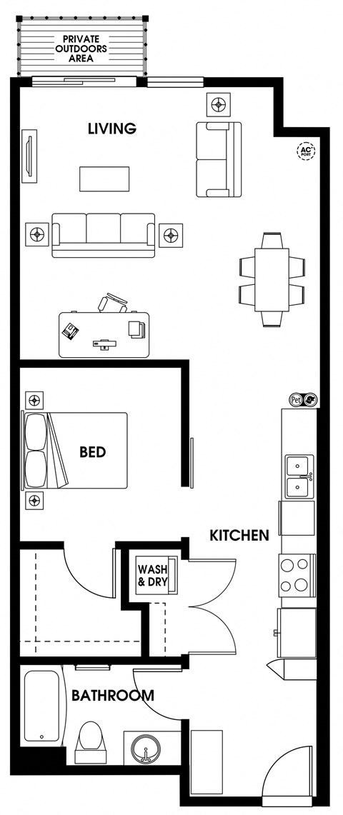 Floor plan for 1 bed, 1 bath, 806 sqft