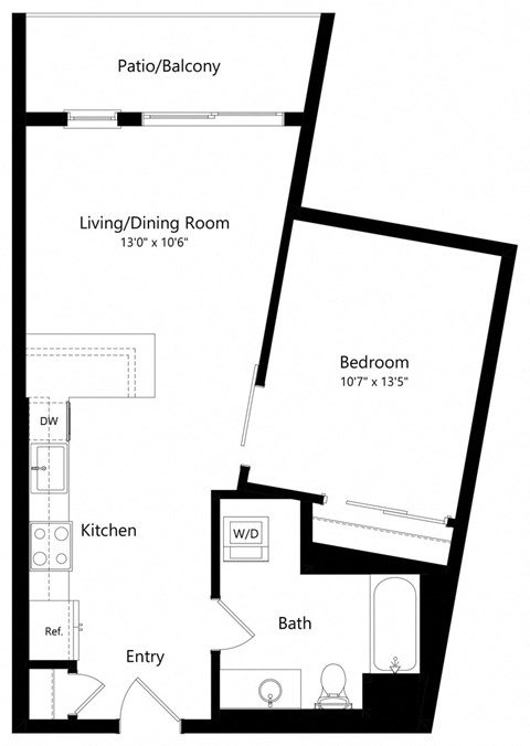Floor plan for 1 bed, 1 bath, 651 sqft