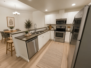 Kirkland apartment for rent - A modern kitchen with white cabinets and stainless steel appliances.