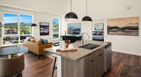 Woodinville apartment for rent - A modern kitchen with a large island and a view of the outdoors.