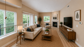 Kirkland apartment for rent - A living room with a white couch, a coffee table, a television, and a fireplace.