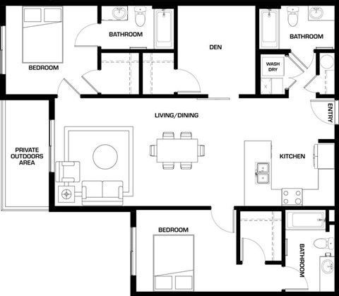 Floor plan for 2 beds, 3 baths, 1253 sqft