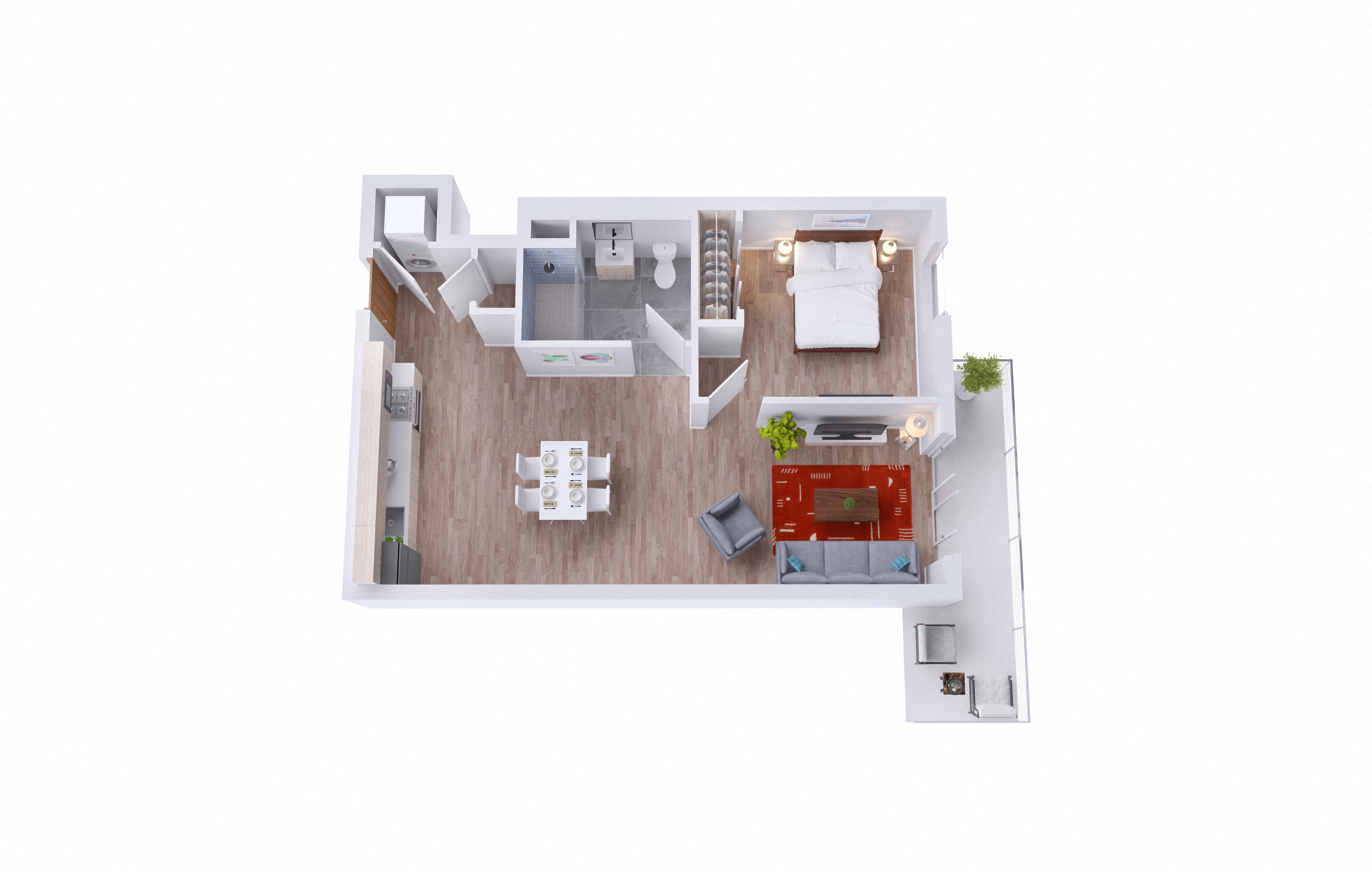 Floor plan for 1 bed, 1 bath, 578 sqft